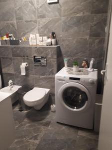een badkamer met een wasmachine en een toilet bij Slatka sobica za dvoje sa upotrebom zajednicke kuhinje i kupaonice in Zagreb