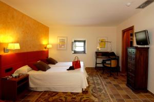 a bedroom with a bed and a desk and a television at Mas Ferran in Sant Gregori