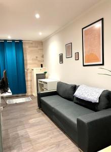 ein Wohnzimmer mit einem Sofa und einem Schreibtisch in der Unterkunft STUDIO LILOU in Lons-le-Saunier