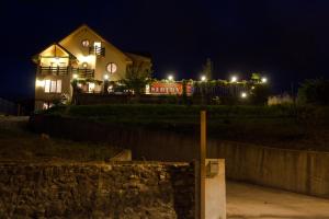une maison éclairée la nuit avec des lumières dans l'établissement Pensiunea Neredy, à Baile Unu Mai