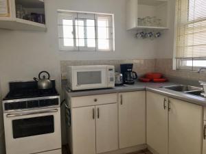 a kitchen with a microwave oven and a stove at Carenage View in Saint Georgeʼs