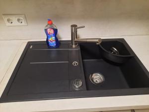 a kitchen sink with a bottle of detergent next to it at Ferienwohnung Albus in Albertshausen