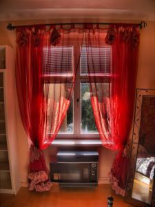 a window with red curtains in a room at Stela's Apartments - Vysehrad in Prague