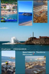 a collage of pictures of a beach and the ocean at Apartments Teodora Obala in Petrovac na Moru