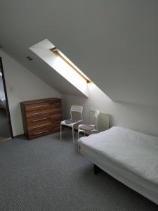 1 dormitorio con 1 cama, 2 sillas y escalera en Apartmán v Anenském údolí en Moravská Třebová