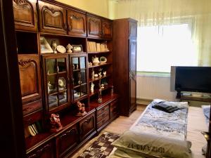 a room with a large wooden book shelf with shoes at La SYMO apartament STRAJA Lupeni in Lupeni
