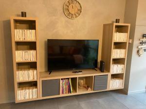 a large wooden entertainment center with a flat screen tv at PROGÎTES "Le Loft" in Quiévrain