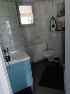 La petite salle de bains est pourvue d'un lavabo et de toilettes. dans l'établissement Romantic Studio Vacances, à Labaroche