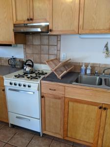 a kitchen with a white stove and a sink at Studio apartment 15 minute walk to plaza in Santa Fe