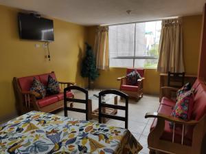 a living room with a bed and chairs and a tv at Adela's Aparment in Cusco in Cusco