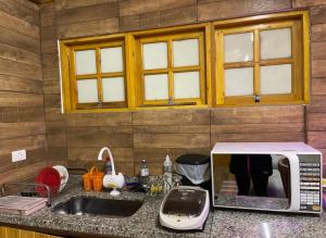 a kitchen counter with a microwave and a sink at Chale Sabrina in Campos do Jordão