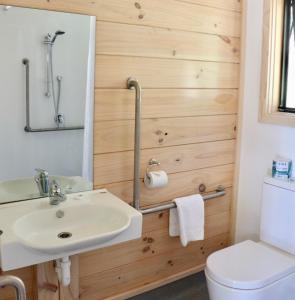 a bathroom with a toilet, sink, and tub at Lakefront Lodge Backpackers in Lake Tekapo