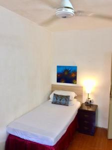 a bedroom with a white bed with a blue pillow on it at Low Budget Economy SingleBed Bedroom in Aman Puri, Kepong in Kuala Lumpur