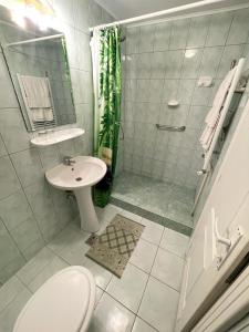La salle de bains est pourvue d'un lavabo, de toilettes et d'une douche. dans l'établissement Pensiunea Olt Centrum/ Olt Centrum panzió, à Băile Tuşnad
