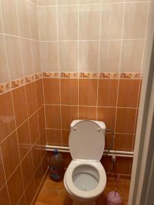 La salle de bains est pourvue de toilettes blanches. dans l'établissement Seven Hotel, à Korosten