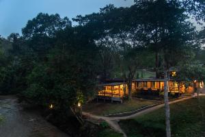 een huis in het bos 's nachts met lichten bij Tawan Riverside in Mae Wang