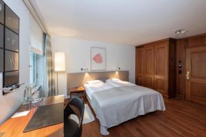 ein Hotelzimmer mit einem Bett, einem Schreibtisch und einem Schreibtisch in der Unterkunft Einstein St. Gallen in St. Gallen