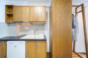 una cocina con armarios de madera y fregadero en Studios Nautilus III, en Potos