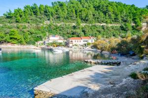 z powietrza widok na plażę z łodziami w wodzie w obiekcie Vacation House Marija, Korčula w Korčuli