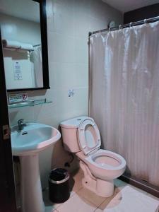 Annex Hotel Tavern في مدينة سوريجاو: حمام به مرحاض وردي ومغسلة