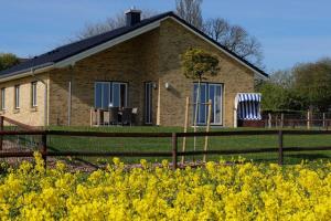 a house with a fence and yellow flowers in front of it at Ferienhaus Kuestenhaus in Pommerby