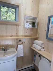 a bathroom with wooden walls and a sink and a mirror at Chalets Memphrémagog in Magog-Orford