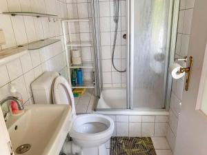 a bathroom with a toilet and a shower and a sink at Ferienbungalow 182 in Stahlbrode