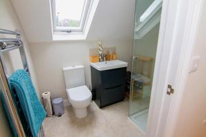 a bathroom with a toilet and a sink and a window at City View Apartment in Salisbury