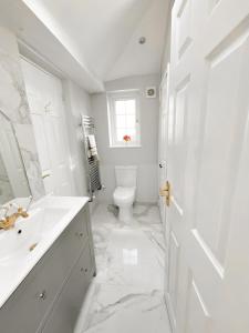 a white bathroom with a toilet and a sink at Luxury & Spacious 2 Bed Annex with Private Garden in Potters Bar