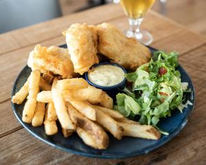 un plato azul de comida con papas fritas y una ensalada en Fisherman Guesthouse Sudureyri, en Suðureyri