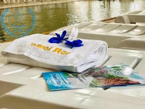 a towel and a book sitting on a boat at Termal Star Complex in Nyzhne Solotvyno