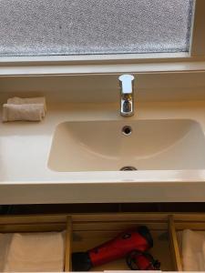 a white sink in a bathroom with a window at Skálholt Cottages in Selfoss