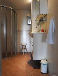 een badkamer met een douche, een wastafel en een kruk bij The Wee White Hoose in Oosternijkerk