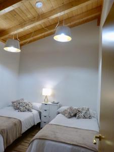 um quarto com duas camas e duas luzes em Las Casitas de Cerezo 3 em Cerezo de Abajo