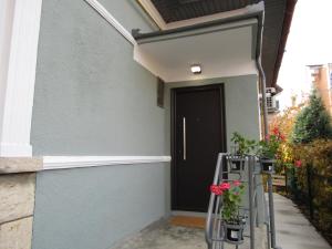 克盧日納波卡的住宿－Homey Luxury- entire house, free parking, yard，一座房子,有黑色的门和一些花