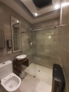 een badkamer met een toilet, een wastafel en een douche bij CIELITO LINDO in Santa Rosa de Cabal