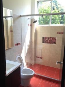 a bathroom with a toilet and a shower with a window at Hermosa Villa de Descanso in Carmen de Apicalá
