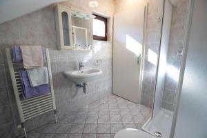 
a bathroom with a shower, sink, and toilet at Rooms Cvitar - Center in Kranjska Gora
