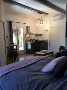 1 Schlafzimmer mit einem großen Bett und einer Küche in der Unterkunft Gite Studio indépendant au cœur du Luberon in Maubec
