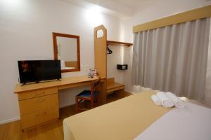sypialnia z łóżkiem i biurkiem z telewizorem w obiekcie Fênix Hotel Limeira w mieście Limeira