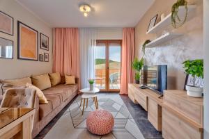 Zlatibor Hills Stars في زلاتيبور: غرفة معيشة مع أريكة وتلفزيون