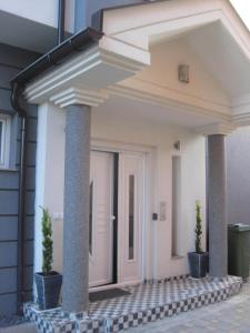 a front door of a house with two potted plants at Villa Jankuloski in Ohrid