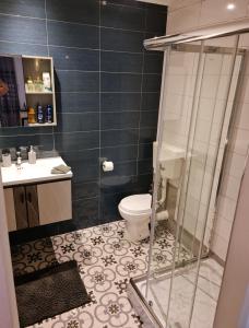 uma casa de banho com um chuveiro, um WC e um lavatório. em B&B "Villa Alegria", Tarrafal em Tarrafal