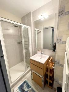 ein Bad mit einem Waschbecken und einer Dusche in der Unterkunft Bel Appartement neuf Hyper cosy Vue mer 180 in Ploemeur