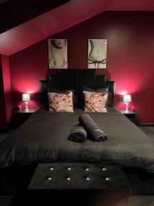 Schlafzimmer mit einem großen Bett mit roter Beleuchtung in der Unterkunft PARENTHESE LOVE - Amour & Tentation Suite Balnéo SPA Proche Orly-Paris in La Ville-du-Bois