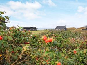 un campo lleno de bayas rojas en una colina con casas en 4 person holiday home in L kken, en Løkken