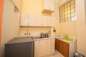 a small kitchen with white cabinets and a black refrigerator at Apartment in the Plaza de Armas Cusco in Cusco
