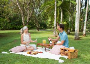 Woombye的住宿－陽光谷小屋酒店，坐在野餐毯上的男人和女人