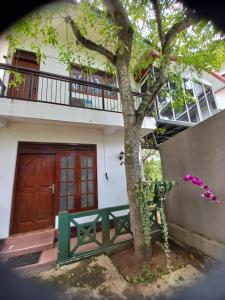 a house with a green bench next to a tree at Derick's Inn in Galle