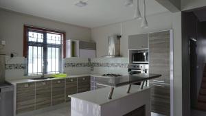 a kitchen with stainless steel appliances and a counter top at Vanz Villa in Mont Choisy